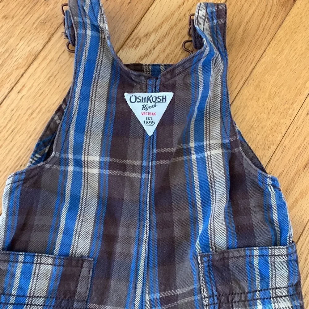 OshKosh B’Gosh‎ Vintage Vestbak Brown Plaid Baby Boy Bib Overalls size 3 month’s